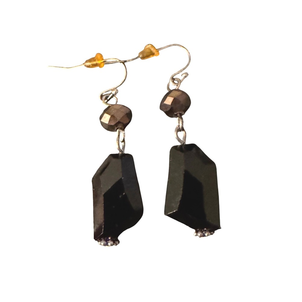 Handmade Black Geometric Faceted Drop Earrings Bronze Crystal Bead Silver Tone